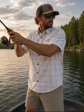 Magellan Outdoors Men’s Short-Sleeve Plaid Button-Up Shirt in Light Blue